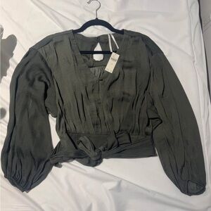 Anthropologie Green Puff Sleeve Tie Front Blouse